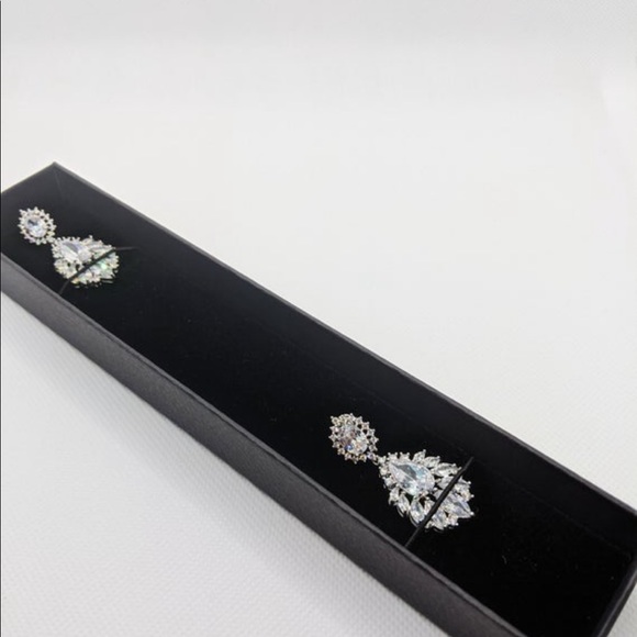 CZ White Gold Plated Water Drop Dangle Earrings. - Picture 3 of 6